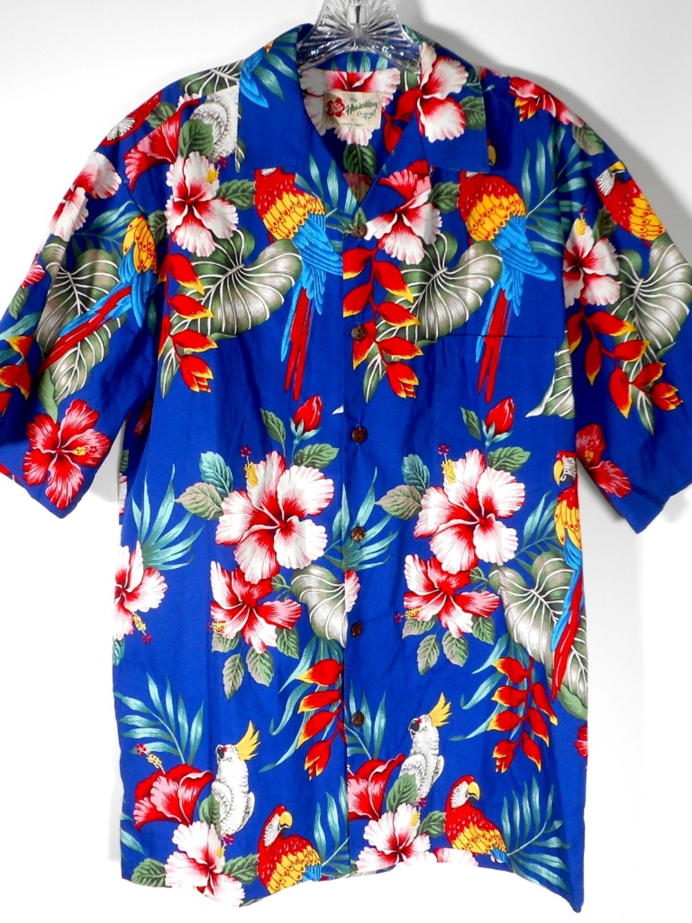 VTG Hilo Hattie Original Mens M Blue Hawaiian Shirt Tropical Parrots Hibiscus